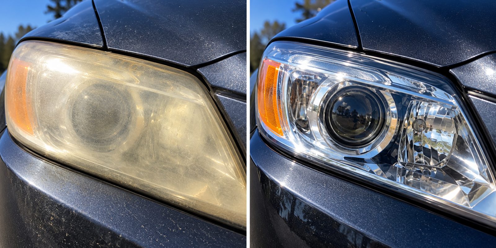 A hazed, yellowed headlight beside the same style of headlight restored to clear
